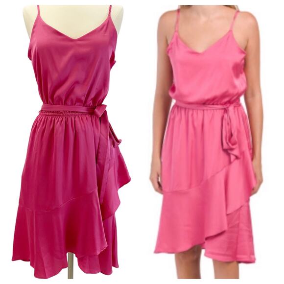 Tahari A.S.L. Womens S Dress Ruffle Bright Pink Satin Summer Flirty Barbiecore - Picture 8 of 8